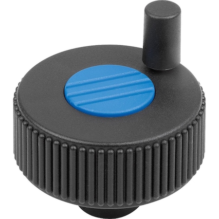 Kipp Knurled Knob W Handle Size:3, D1=63, Form:M W.Transv.Bore, Plastic Black, Comp:Steel Cap:Blue K0262.13083